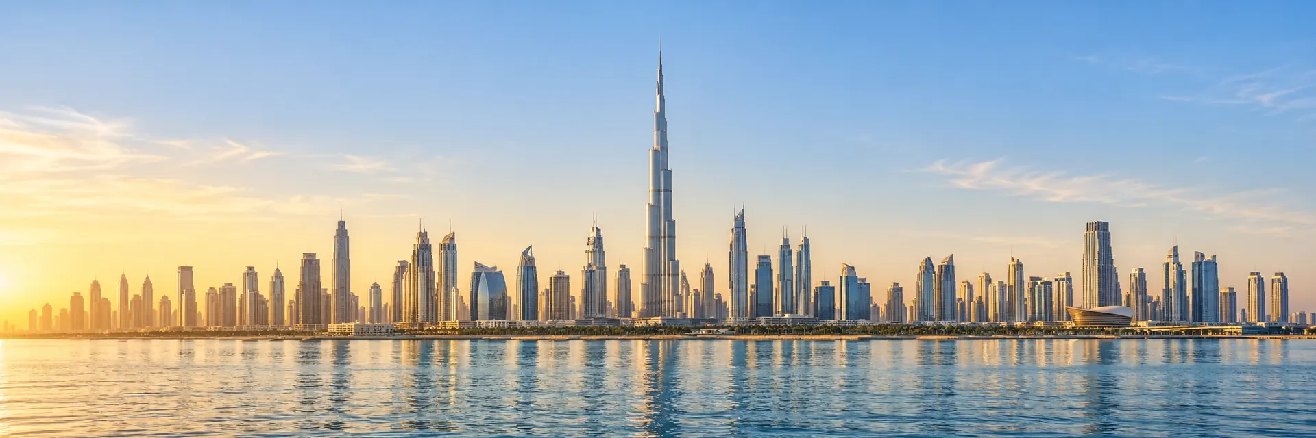صورة توضيحية لأفق دبي عبر المياه في ضوء ذهبي