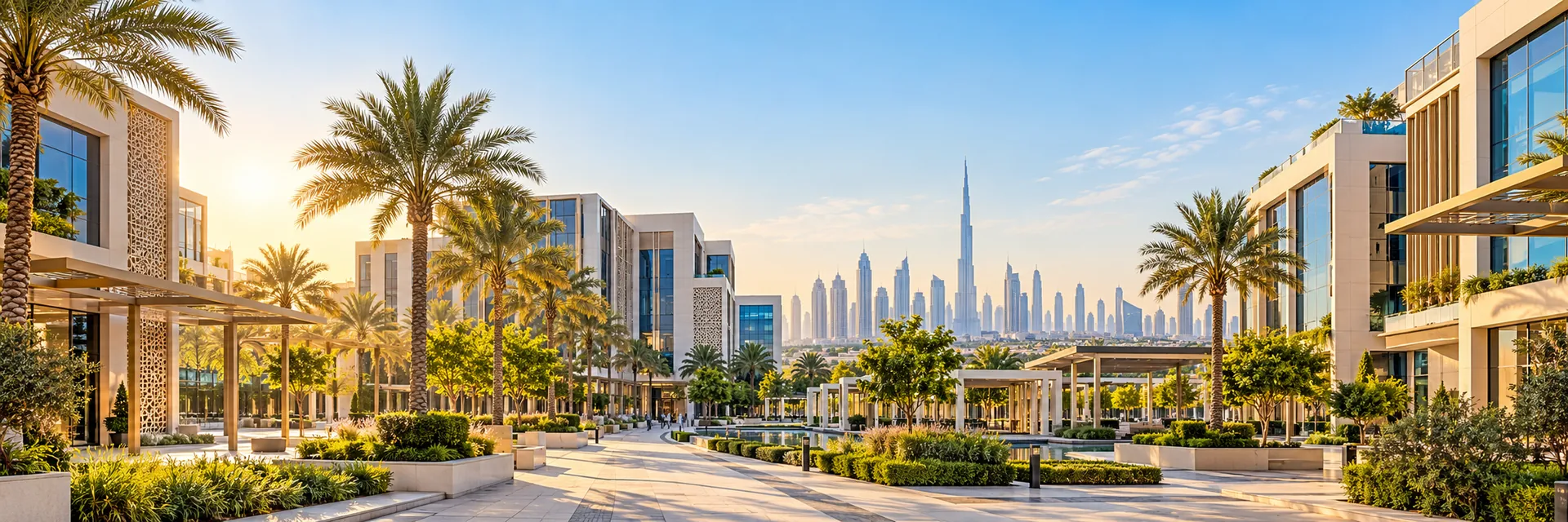 Illustrative Dubai skyline and landscaped smart district