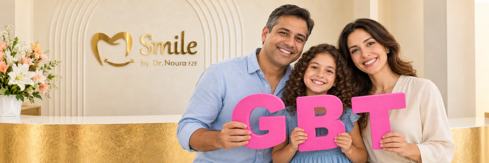عائلة تحمل حروف GBT الوردية أمام استقبال العيادة