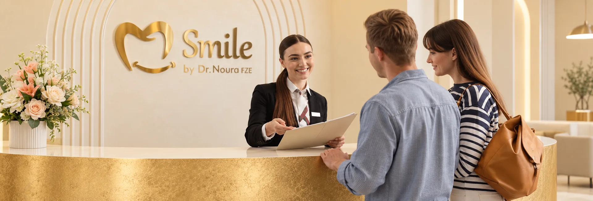 Illustrative reception scene showing a team member explaining paperwork to two adult visitors