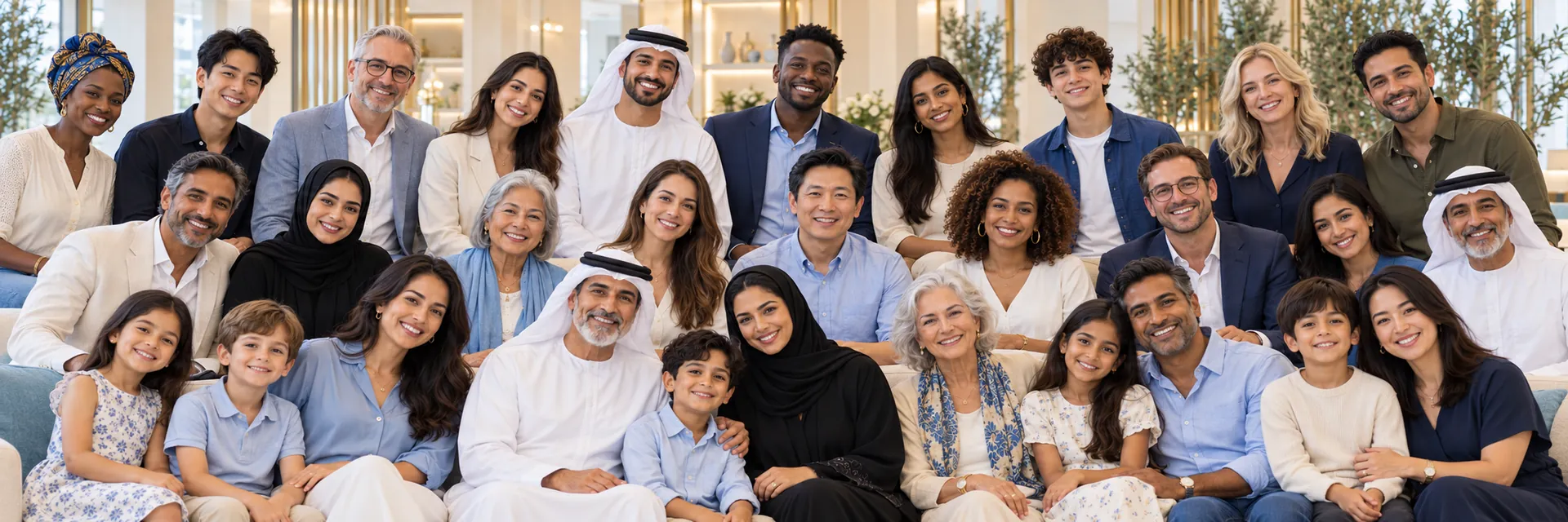 صورة توضيحية لمجتمع متنوّع من مختلف الأعمار يبتسمون معاً